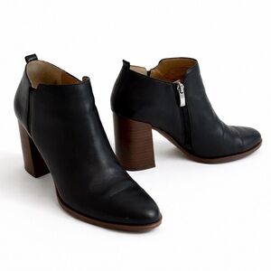 Franco Sarto • “Dante” Black Leather Booties Wooden Block Ankle Boots | size 9.5